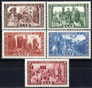 ★1950年 ドイツの州-ザールラント- 「公的扶助」5種完 未使用(MNH)(SC#B77-B81)(SC$58.-)★TJ-2141