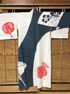 和柄　綿　紺地　蛇の目傘柄　扇子柄　壺柄　日本　祭り　着物リメイク