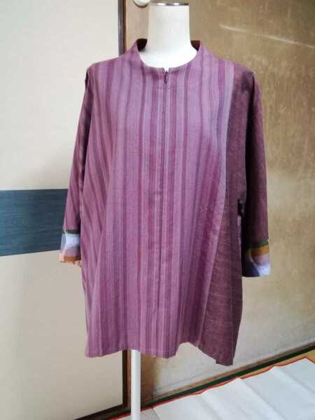 久留米絣地、織地ブラウス！日本製。赤紫。ドルマン袖。