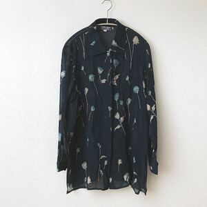 SAIO SILK 絹 シルク100% 長袖 レトロブラウス 80年代　人気　紺 Lサイズ〈古着 used〉シースルー 春 春物 サイオーシルク　A33