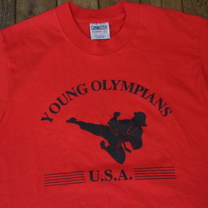 90s USA製 Young Olympians 空手 Tシャツ L レッド KARATE 道場 武道 柔道 スポーツ イラスト 和柄 ヴィンテージ