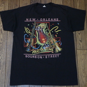 80s USA製 New Orleans BOURBON STREET Tシャツ L ブラック ジャズ ニューオーリンズ バーボンストリート ミュージック ヴィンテージ