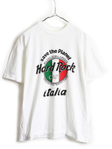90s■ ハードロックカフェ ITALIA ロゴ プリント 半袖 Tシャツ ( メンズ レディース M 程) 古着 90年代 Hard Rock Cafe ロゴT プリントT 白