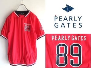美品 PEARLY GATES パーリーゲイツ 89ロゴプリント 超軽量 ストレッチ 半袖 スニードジャック プルオーバーゴルフシャツ 1 赤 レッド