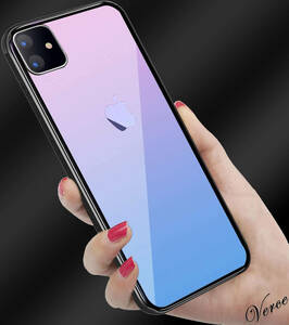 鮮やかなピンク透明グラデーション　 背面ガラスケース iPhone 11 6.1インチ TPU ストラップホール 耐衝撃 指紋防止 グリップ感