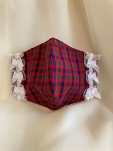 女の子 立体インナー チェック柄 赤系 レース リボン ハンドメイド 幼稚園 通園通学