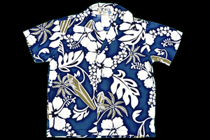 Y-1162* free shipping * as good as new *KY'S* authentic style America Hawaii made navy hibiscus surfing board short sleeves aloha shirt 4 -years old 110cm