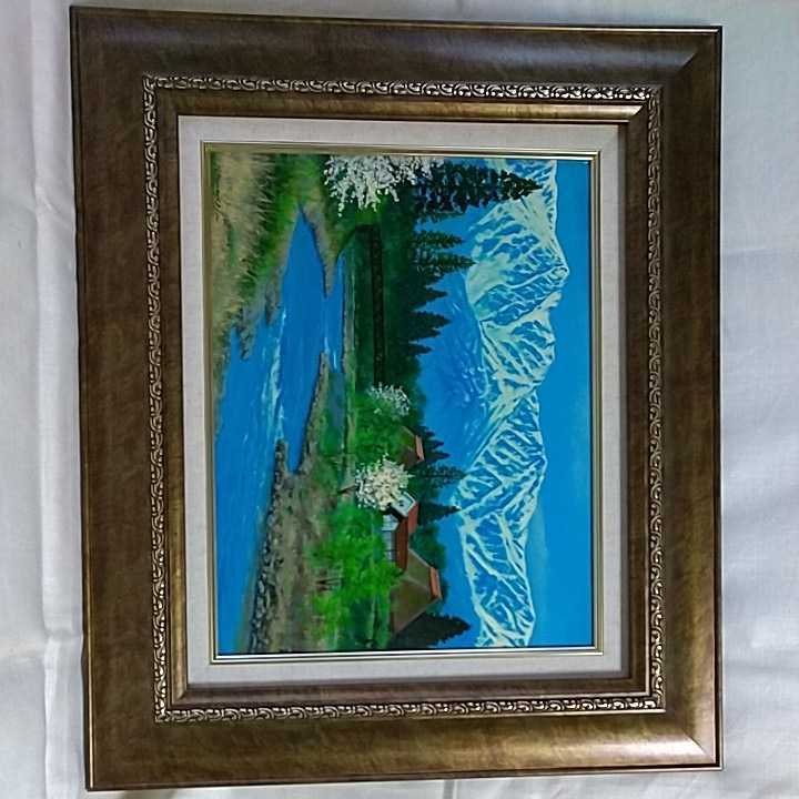 Pintura al óleo, Tamaño F6, Haruo Hanada, Primavera en el monte Hakuba y el pueblo, enmarcado, con vidrio en el frente, Cuadro, Pintura al óleo, Naturaleza, Pintura de paisaje