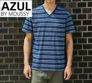 AZUL BY MOUSSY アズールバイマウジー メンズ Tシャツ 半袖 ボーダー S インディゴブルー Vネック 胸ポケット 新品 匿名配送 送料無料 