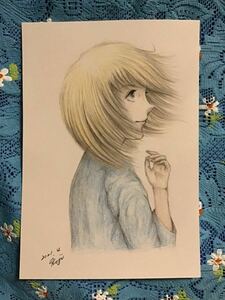 Art hand Auction Handwritten illustration Girl Spring ★Pencil Colored pencil Ballpoint pen ★Drawing paper ★Size 16.5 x 11.5cm ★New, comics, anime goods, hand drawn illustration