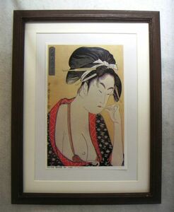 Art hand Auction ◆Utamaro Northern Country Five-Color Ink Riverbank offset reproduction, wooden frame, immediate purchase◆, Painting, Ukiyo-e, Prints, Kabuki painting, Actor paintings