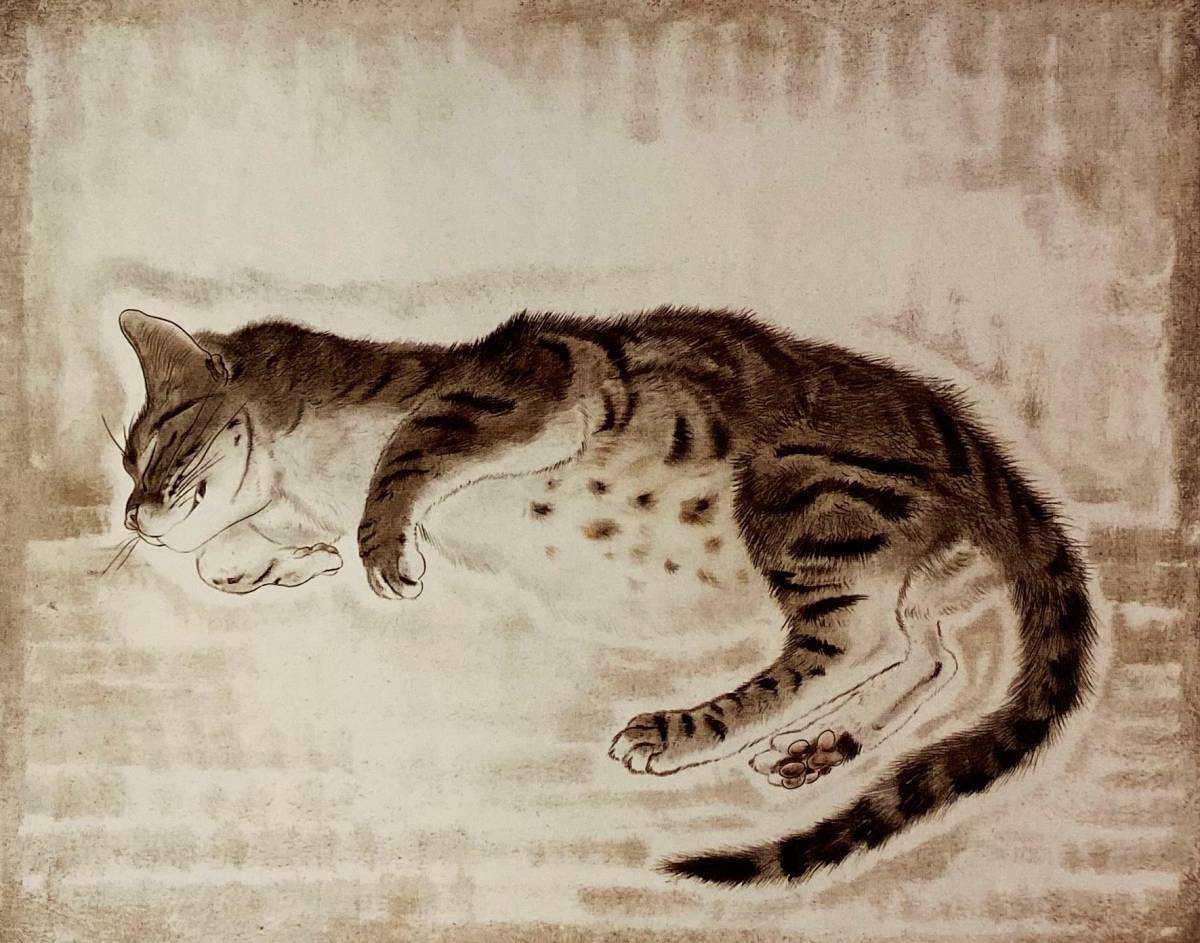 Tsuguharu Foujita, Zehn Formen von Cat 2, Aus einer seltenen Kunstsammlung, Neuer hochwertiger Rahmen, Mattes Gestell inklusive, Kostenloser Versand, Leonard Fujita, Malerei, Ölgemälde, Tierbilder