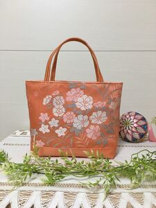 帯リメイクバッグ カーネーション柄 No23 ミニトートバッグ サブバッグ ハンドメイド 帯バッグ