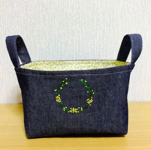 布バスケット ミモザ 刺繍 ハンドメイド