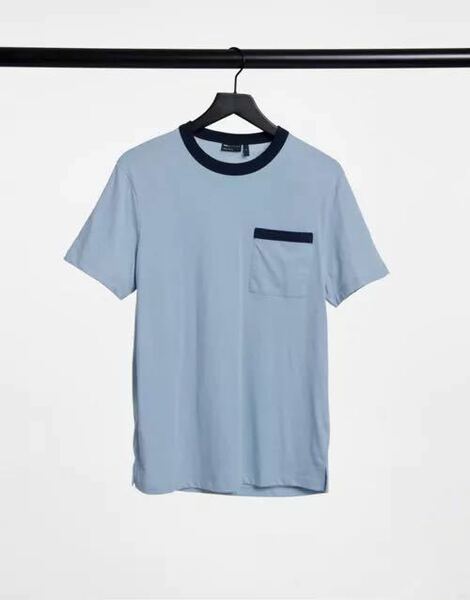 メンズ リンガーネックTシャツ ブルー Sサイズ 送料無料　新品 ポケットTee クルーネック　セール激安オススメシンプルTEE