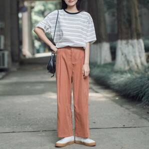 ハイウェストワイドレッグパンツ 伸縮性ウェストパンツ シンプル カジュアルパンツ レンガ色S