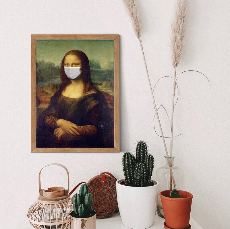 A3557 toile impression Art affiche A4 21*30 cm tissu peinture chef-d 'œuvre Da Vinci Mona Lisa parodie blague [masque blanc portant, meubles, intérieur, accessoires d'intérieur, autres