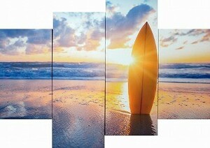 キャンバスアート 「Surfboard on the beach at sunset (4枚セット)」　カリフォルニア　サーフボード　西海岸　南国　ビーチ