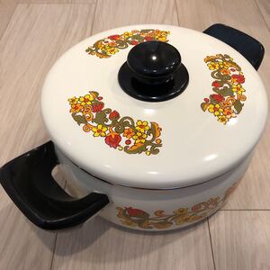 未使用品 昭和レトロ 富士琺瑯花柄 ホーロー両手鍋