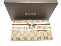 【GUCCI】美品☆グッチ GGキャンバス シェリーライン リボン ゴールド金具 二つ折り 長財布 ウォレット レディース　256933_画像2