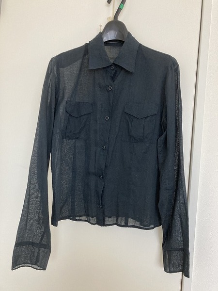 (日本製 美品) 透け感のある麻混ブラウス 長袖シャツ シアー ビジネス 仕事 紺 ネイビー 冷房対策 グンゼ