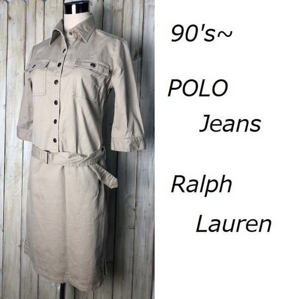 90s～ Ralph Lauren ベルト付 チノワンピース M ベージュ オールド ポロジーンズ ラルフローレン ヴィンテージ ★67