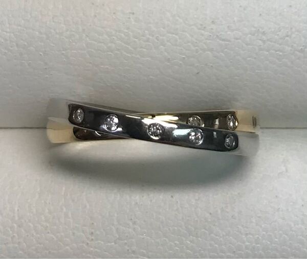 ★大きめの21号★プラチナPt900&K18イエローゴールド/ダイヤモンド・コンビ2連リング★0.10ct★