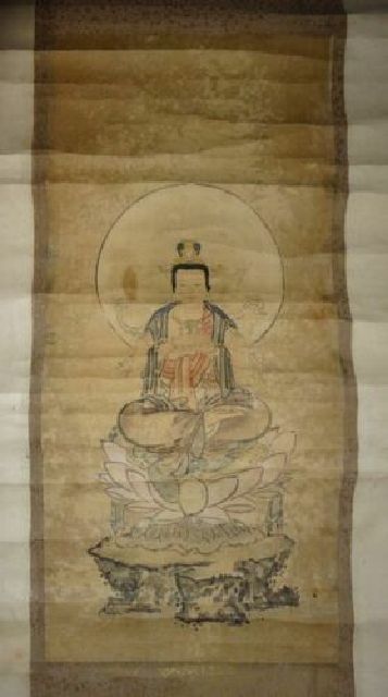 Rare antique temple Kannon Bodhisattva lotus pedestal Buddhist painting paper hand-painted hanging scroll Buddha statue Buddhism temple painting Japanese painting antique art, Artwork, book, hanging scroll