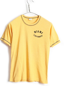 70's ビンテージ ■ アルテックス フロッキー カレッジ プリント 針抜き リブ編み 半袖 Tシャツ ( M メンズ レディース S 程) 古着 70年代
