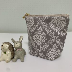 ミニポーチ☆ダマスク☆ハンドメイド☆コスメポーチ☆サニタリーポーチ☆レジ袋ポーチ☆グレー