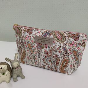 ポケット付きポーチ☆コスメポーチ☆サニタリーポーチ☆マルチポーチ☆ペイズリー☆小花柄☆ピンク☆ハンドメイド