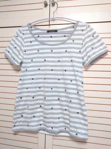 チャオパニック 半袖 Tシャツ ボーダー グレー×白 ハート刺繍 カジュアル かわいい 部屋着 ルームウェア トップス M CIAOPANIC