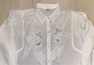 シースルー yemi オーガンジー 花柄刺繍 ホワイト コットンドレスシャツ