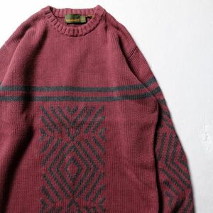 00's Timberland border sleeve pattern cotton knitted sweater (L) dark red series 00 period old tag Old 2005 year Timberland rare 