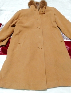 Льняное коричневое пальто с натуральным воротником из ангоры, 100% длинное длинное пальто, сделанное в Японии, пальто и пальто в целом и размер M