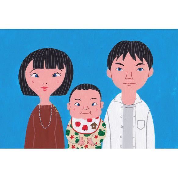 Pop and cute family portraits [Postcard 4 people], artwork, painting, acrylic, gouache