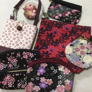 ☆ちりめん雑貨 7点セット 和柄 がま口 ポーチ 小銭入れ ガラケー入れ クマのキーホルダー☆