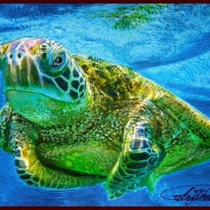☆☆☆☆☆オリジナル水彩画 のんびりゆったり 「海水面を泳ぐウミガメ」
