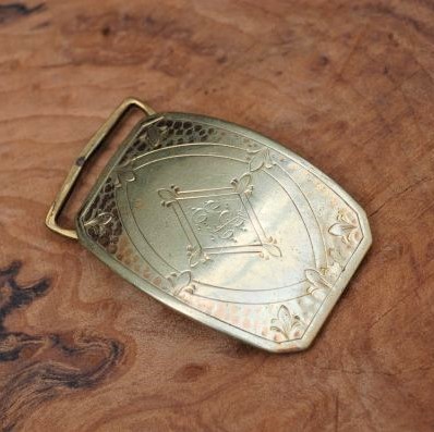 K3207*1917's*CAM&CO Victorian*Gold Plate*Belt Buckle*E. L Initials*Hammer Handmade*Gentleman*Antique Vintage, accessories, clock, Men's Accessories, buckle