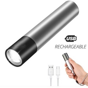 ケーブル付 懐中電灯 led 強力 USB充電式 防水 携帯 防災 シルバー
