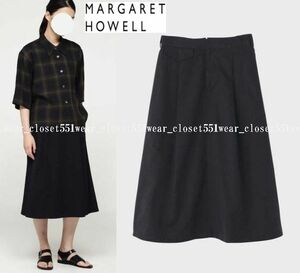 2020 美品マーガレットハウエル☆COTTON LINEN PLAIN WEAVE コットンリネンスカート 1 ダークネイビー 現行品★27500円