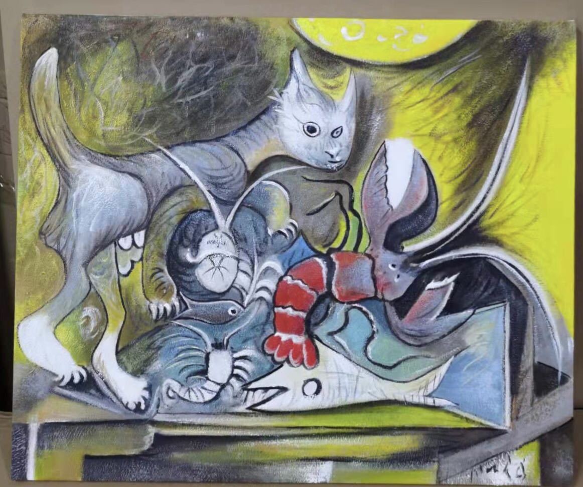 ◆Arte Moderno◆Pintura☆Pintura al óleo☆No.F20 Naturaleza muerta con gato y langosta Picasso/copia☆Para remodelar tu habitación, cuadro, pintura al óleo, otros