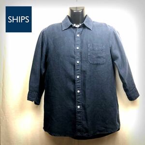  prompt decision *SHIPS* Ships * men's * 7 minute sleeve * flax 100%*linen shirt * dark blue * navy *M* high quality * recommended *