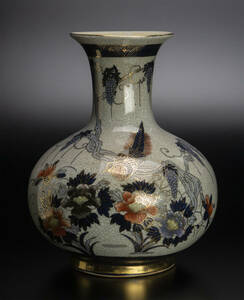 民国 哥釉描金花鳥紋瓶 中国 古美術