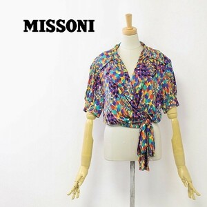 新品◆MISSONI/ミッソーニ 総柄 ショート丈 ストレッチ タイフロント サッシュ 半袖 シャツ ブラウス ジャケット 42