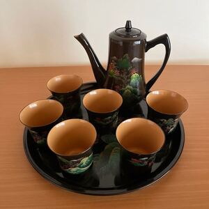 中国 ティーセット ティーポット 茶器セット 木製 漆器 彩色山水