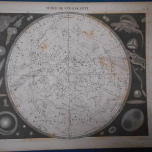 即決 アンティーク、天球図、天文、星座早見盤、星座図絵1849年『ヘック天文図鑑南半球図星図』Star map, Planisphere,Celestial atlas