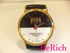 ワールドポロ WORLD POLO メンズ 腕時計 黒 ブラック 白 ホワイト 文字盤 SS レザー アナログ クォーツ QZ ウォッチ 【中古】ht2059