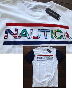 【既決USA】ノーティカ ★ NAUTICA@完売胸元【NAUTICA 万国旗】ロゴ入半袖T【NAUTICA Flag Logo Graphic Short Sleeve T-Shirt】 白x紺 @M