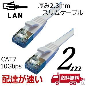 ◇スリムフラットLANケーブル 2m Cat7 高速転送10Gbps/伝送帯域600Mhz RJ45コネクタツメ折れ防止 ノイズ対策シールドケーブル 7SM02